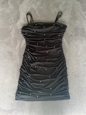 Lovely Day Juniors Girl Large Black Mini Dress with Silver Dot and Pearl Accents